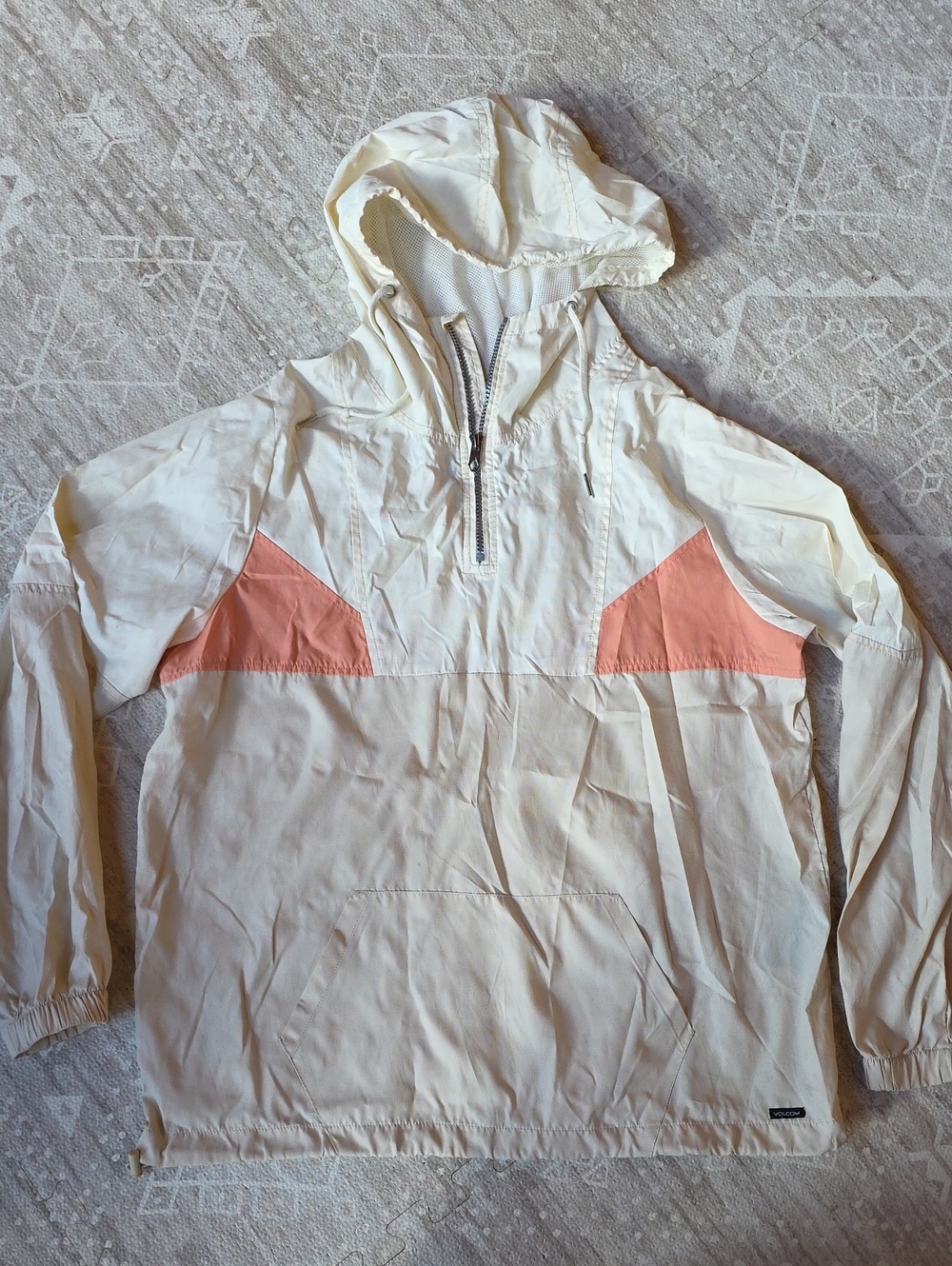 Volcom Cream and Coral Hooded Pullover Water Resistant Windbreaker